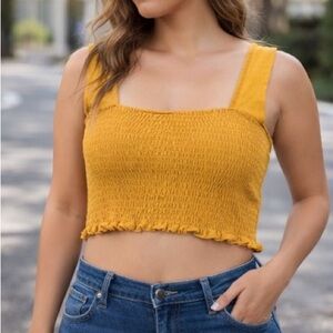 Wild Fable Women's Size‎ S Mustard Yellow Ruffle Smocked Crop Tank Top